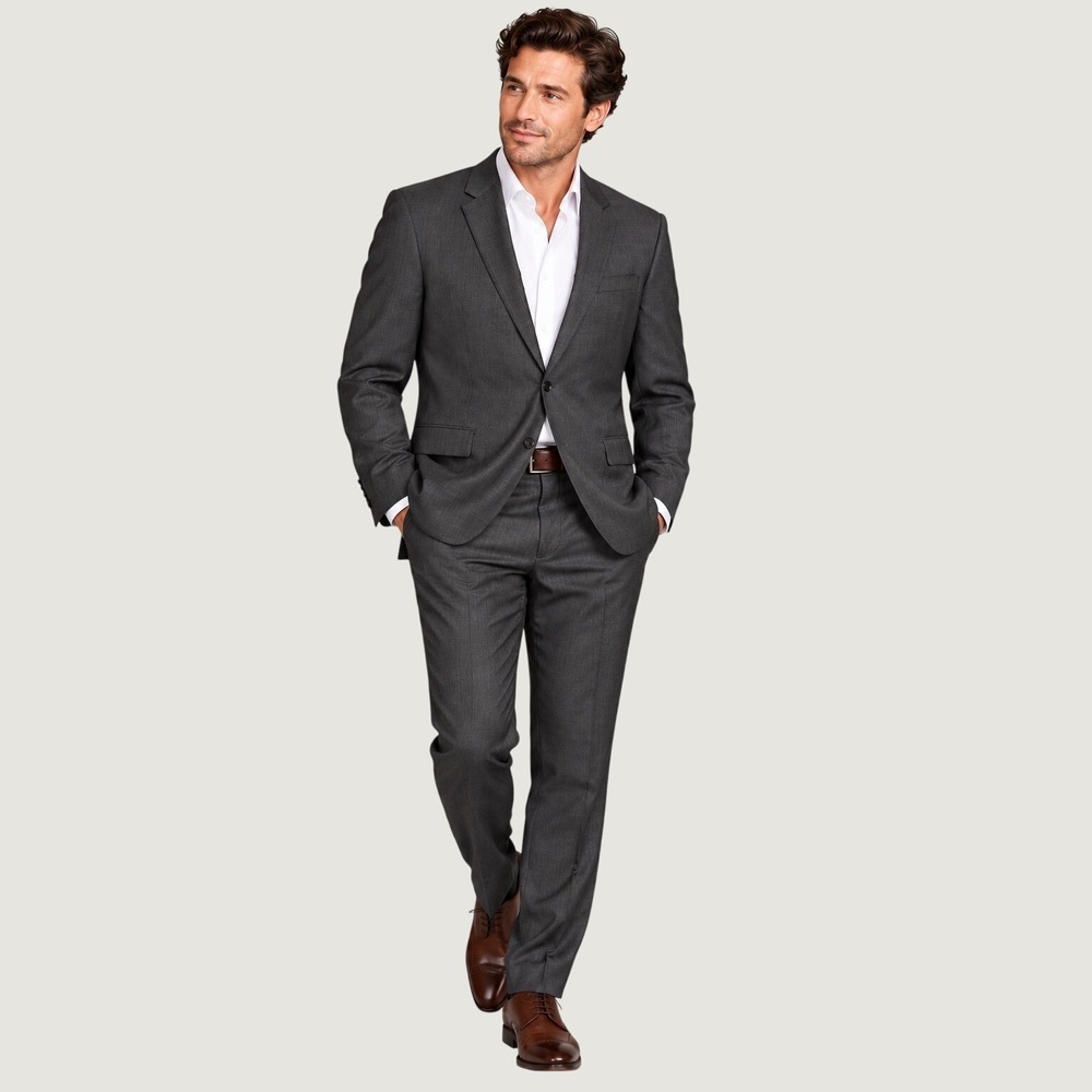 Hugo Boss Mens 46L Suit Charcoal Grey Herringbone 100% Virgin Wool 37x33. SONY